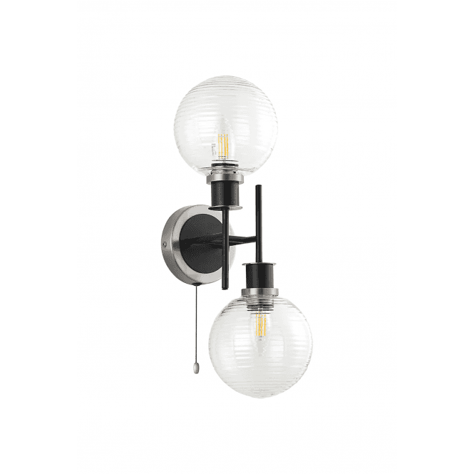 Mingle 2 Light IP20 Wall Light in Satin Nickel & Satin Black with Clear Ribbed Glass Shades