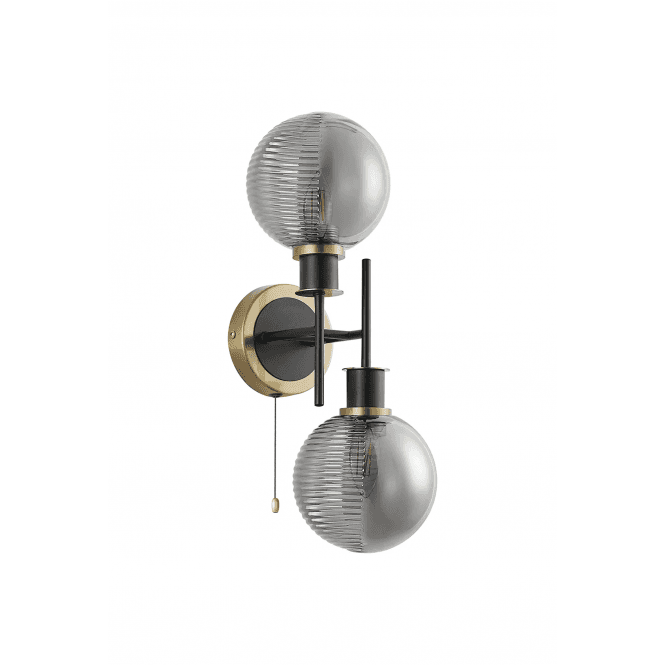 Mingle 2 Light IP44 Brass & Satin Black Wall Light with Smoke Plated Smooth/Ribbed Glass Shades