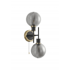 Mingle 2 Light IP44 Brass & Satin Black Wall Light with Smoke Plated Smooth/Ribbed Glass Shades