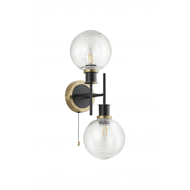 Mingle 2 Light IP44 Wall Light in Brass & Satin Black with Clear Ribbed Glass Shades