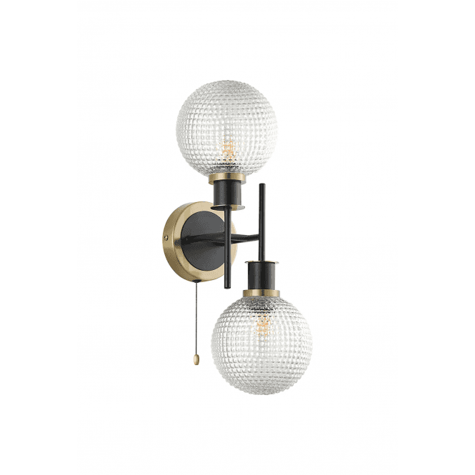 Mingle 2 Light IP44 Wall Light in Brass & Satin Black with Diamond Pattern Clear Glass Shades