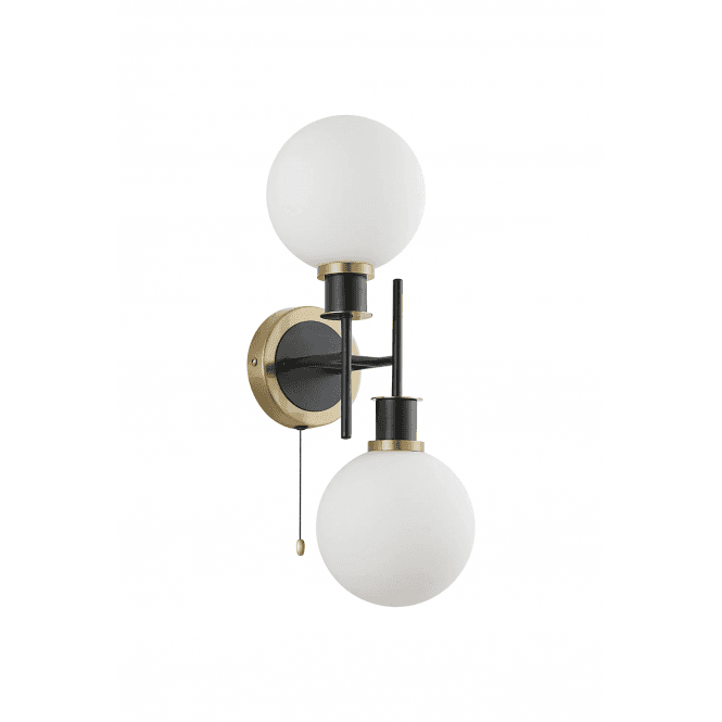 Mingle 2 Light IP44 Wall Light in Brass & Satin Black with Opal Glass Shades