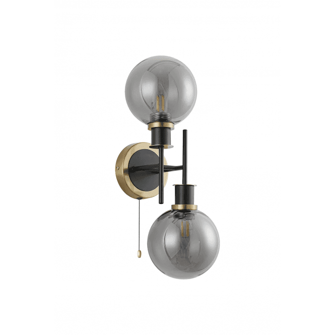 Mingle 2 Light IP44 Wall Light in Brass & Satin Black with Smoke Plated Glass Shades