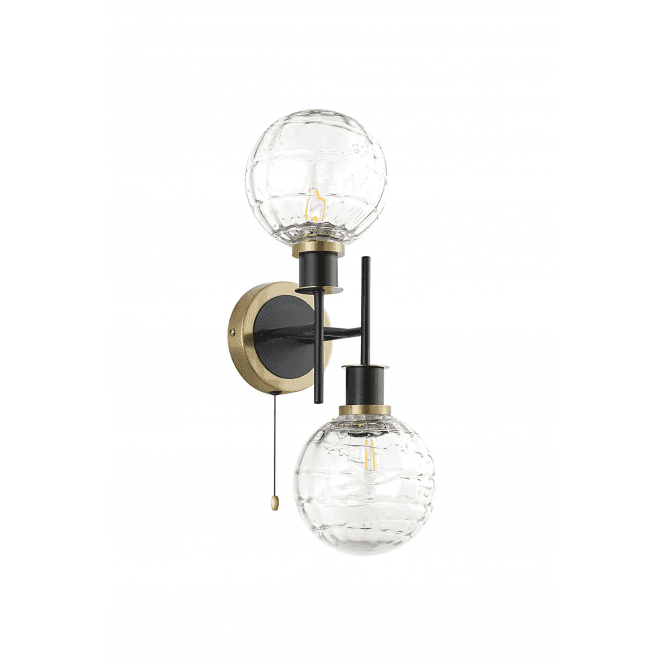 Mingle 2 Light IP44 Wall Light in Brass & Satin Black with Textured Melting Clear Glass Shades