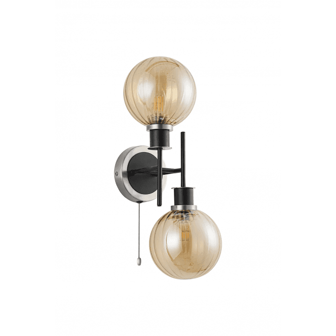 Mingle 2 Light IP44 Wall Light in Satin Nickel & Satin Black with Amber Plated Segment Glass Shades