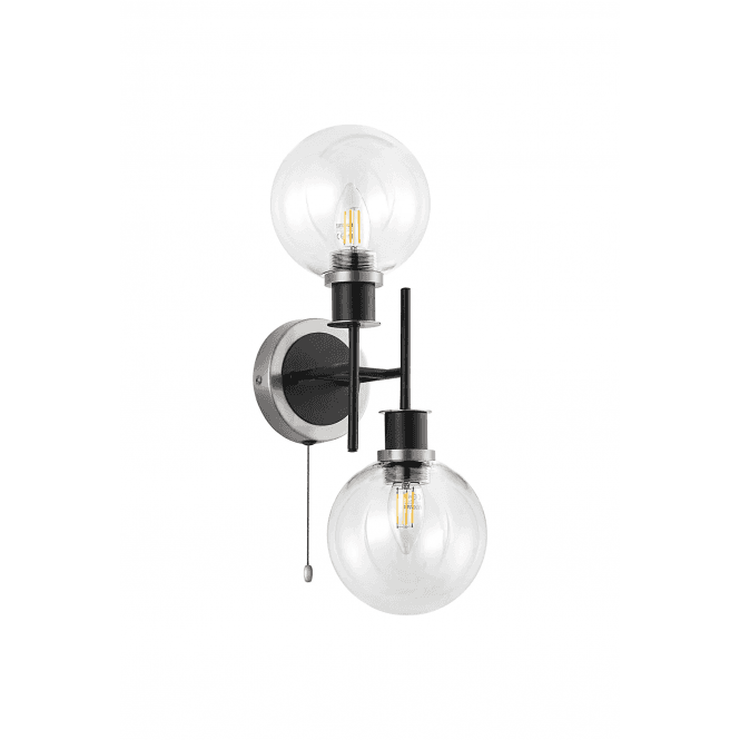 Mingle 2 Light IP44 Wall Light in Satin Nickel & Satin Black with Clear Glass Shades