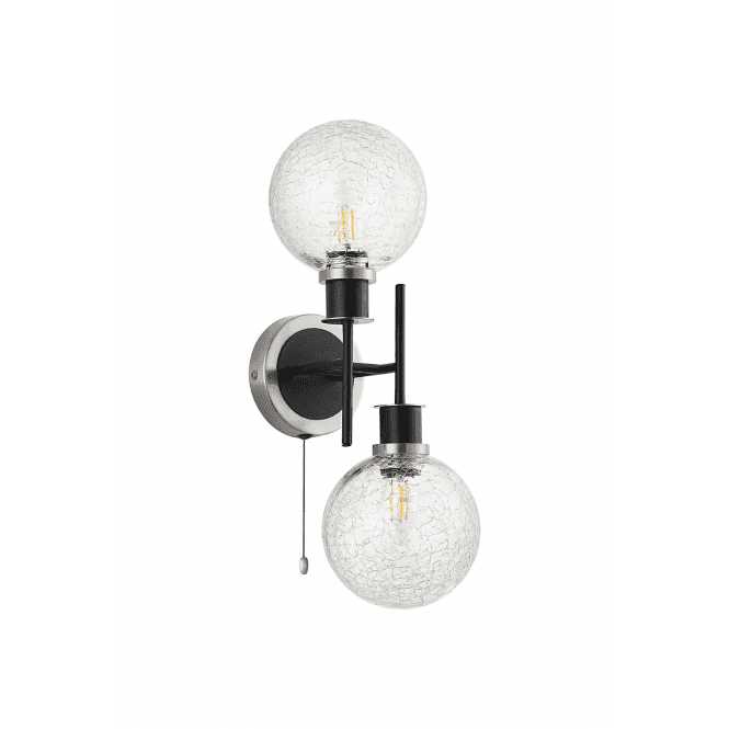Mingle 2 Light IP44 Wall Light in Satin Nickel & Satin Black with Crackled Clear Glass Shades