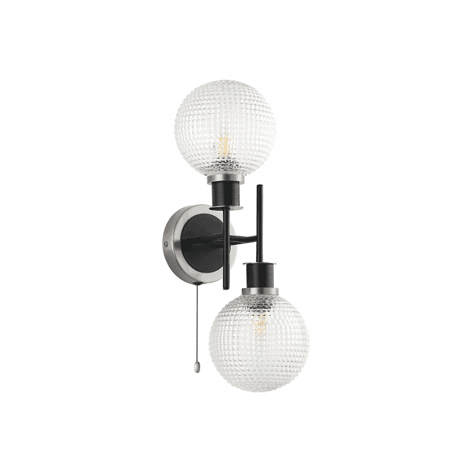 Mingle 2 Light IP44 Wall Light in Satin Nickel & Satin Black with Diamond Pattern Clear Glass Shades