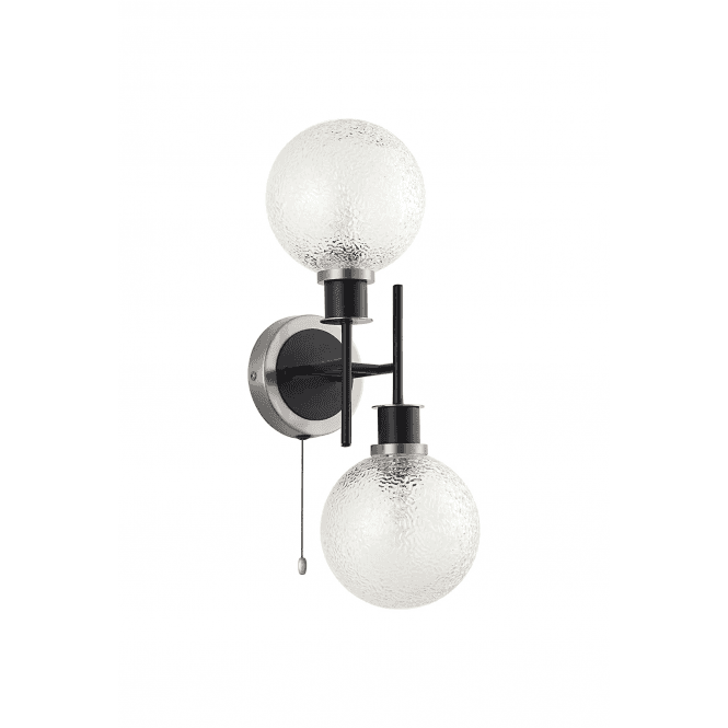 Mingle 2 Light IP44 Wall Light in Satin Nickel & Satin Black with Dimpled Clear Glass Shades