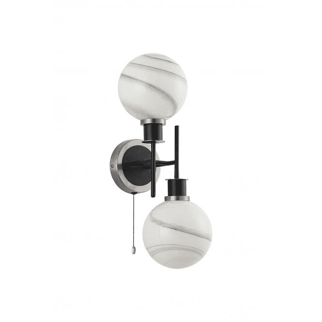 Mingle 2 Light IP44 Wall Light in Satin Nickel & Satin Black with Marble Effect Glass Shades