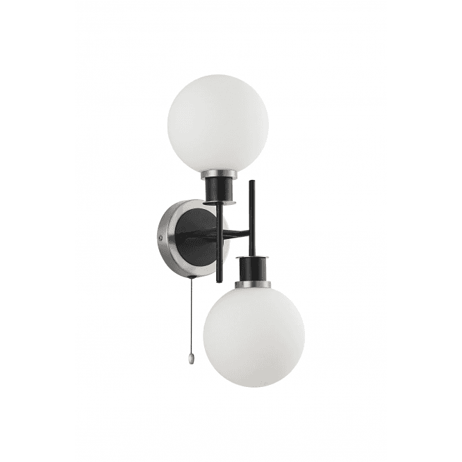 Mingle 2 Light IP44 Wall Light in Satin Nickel & Satin Black with Opal Glass Shades