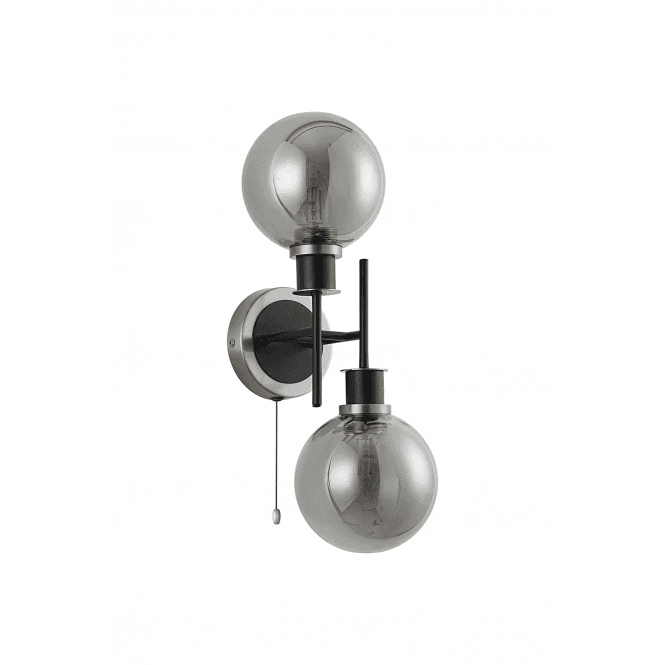Mingle 2 Light IP44 Wall Light in Satin Nickel & Satin Black with Smoke Plated Glass Shades