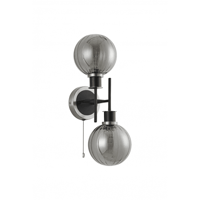Mingle 2 Light IP44 Wall Light in Satin Nickel & Satin Black with Smoke Plated Segment Glass Shades
