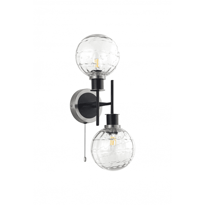 Mingle 2 Light IP44 Wall Light in Satin Nickel & Satin Black with Textured Melting Clear Glass Shades