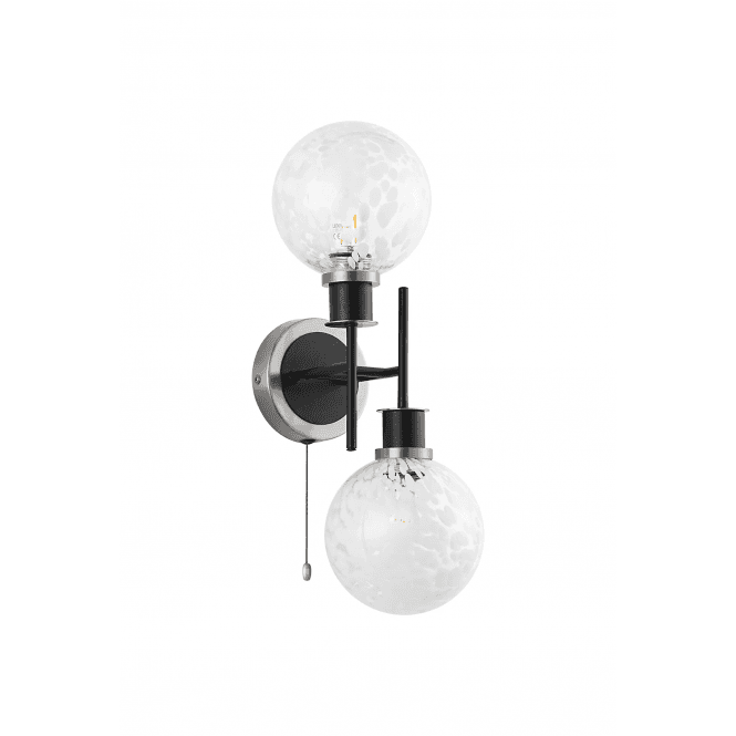 Mingle 2 Light IP44 Wall Light in Satin Nickel & Satin Black with White Confetti Glass Shades