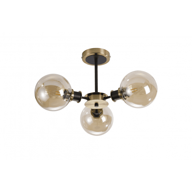 Mingle 3 Light IP44 Semi-Flush in Brass & Satin Black with Amber Plated Glass Shades