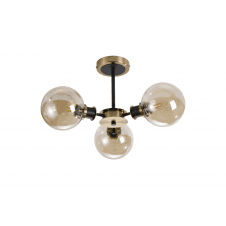 semi-flush 3 light ceiling fixture in brass and black with amber glass shades