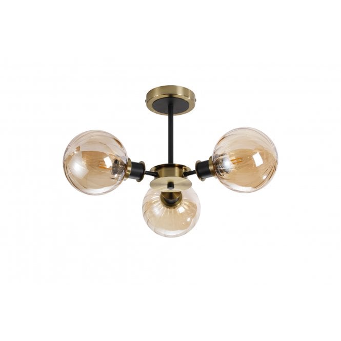 Mingle 3 Light IP44 Semi-Flush in Brass & Satin Black with Amber Plated Segment Glass Shades