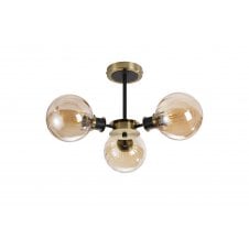 semi-flush 3 light ceiling fixture in brass and black with amber segment glass shades