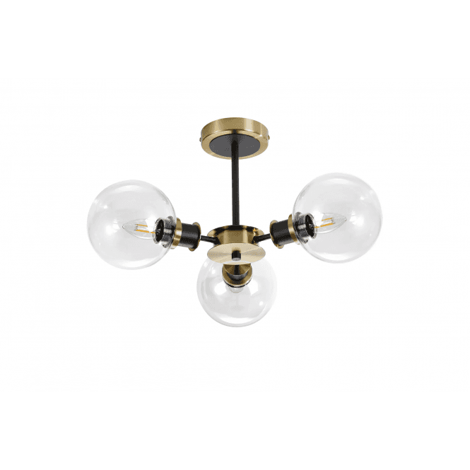 Mingle 3 Light IP44 Semi-Flush in Brass & Satin Black with Clear Glass Shades