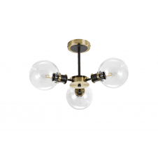 semi-flush 3 light ceiling fixture in brass and black with clear glass shades