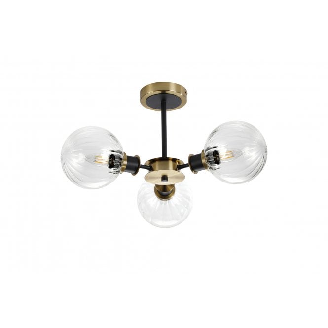 Mingle 3 Light IP44 Semi-Flush in Brass & Satin Black with Clear Segment Glass Shades