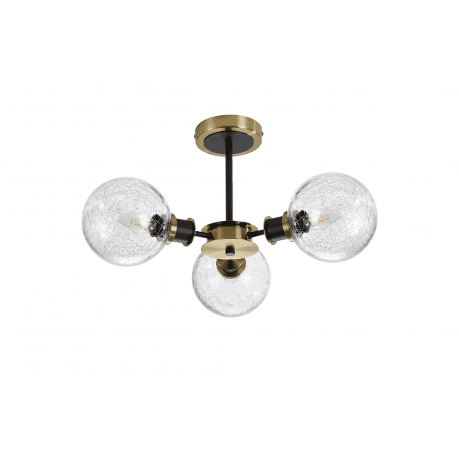 Mingle 3 Light IP44 Semi-Flush in Brass & Satin Black with Crackled Clear Glass Shades