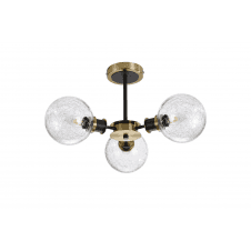 semi-flush 3 light ceiling fixture in brass and black with cracked glass shades