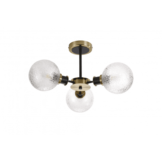 Mingle 3 Light IP44 Semi-Flush in Brass & Satin Black with Dimpled Clear Glass Shades