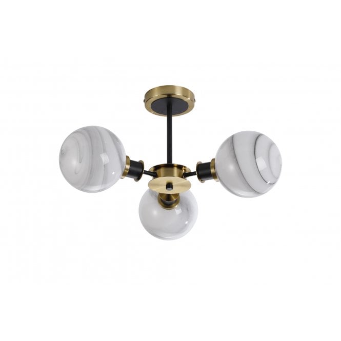 Mingle 3 Light IP44 Semi-Flush in Brass & Satin Black with Marble Effect Glass Shades