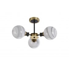 semi-flush 3 light ceiling fixture in brass and black with marbled glass shades