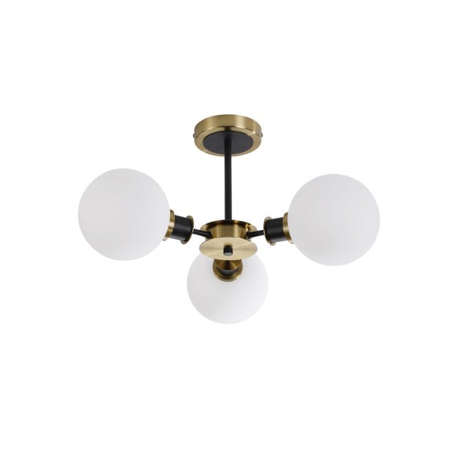 Mingle 3 Light IP44 Semi-Flush in Brass & Satin Black with Opal Glass Shades