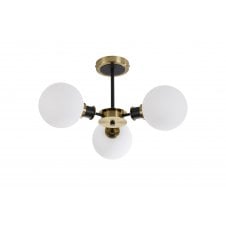 semi-flush 3 light ceiling fixture in brass and black with opal glass shades