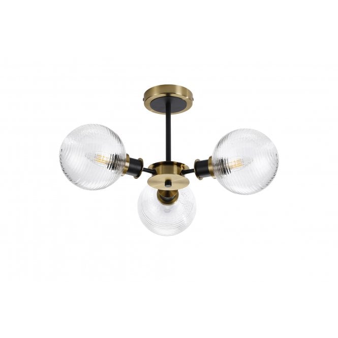 Mingle 3 Light IP44 Semi-Flush in Brass & Satin Black with Ribbed Clear Glass Shades