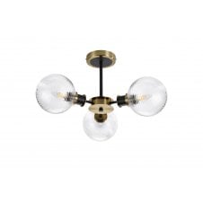 semi-flush 3 light ceiling fixture in brass and black with ribbed glass shades