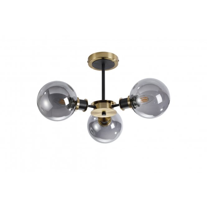 Mingle 3 Light IP44 Semi-Flush in Brass & Satin Black with Smoke Plated Glass Shades