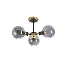 semi-flush 3 light ceiling fixture in brass and black with smoked glass shades