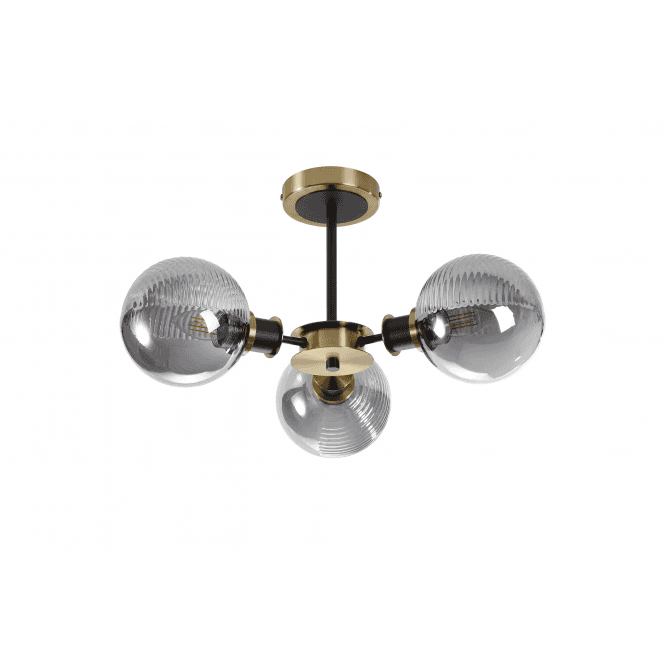 Mingle 3 Light IP44 Semi-Flush in Brass & Satin Black with Smoke Plated Smooth/Ribbed Glass Shades