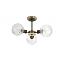 semi-flush 3 light ceiling fixture in brass and black with crumple glass shades