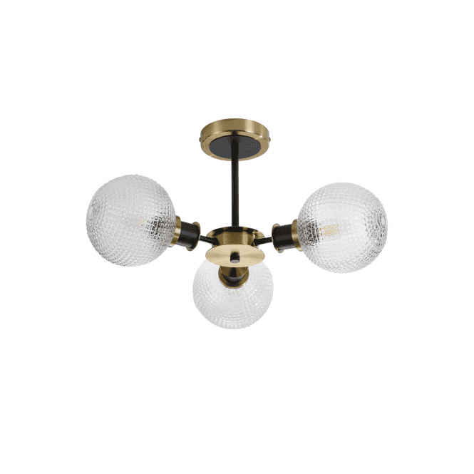 Mingle 3 Light IP44 Semi-Flush in Brass & Satin Black with Textured Diamond Pattern Clear Glass Shades