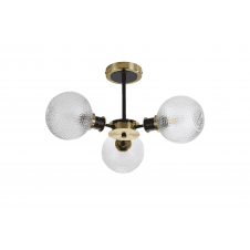 semi-flush 3 light ceiling fixture in brass and black with textured glass shades