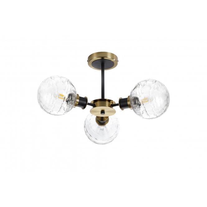 Mingle 3 Light IP44 Semi-Flush in Brass & Satin Black with Textured Melting Clear Glass Shades