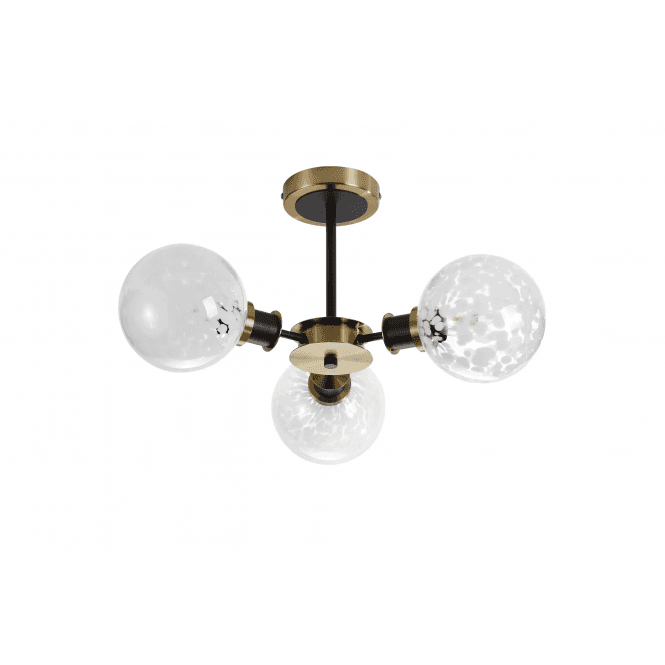Mingle 3 Light IP44 Semi-Flush in Brass & Satin Black with White Confetti Glass Shades
