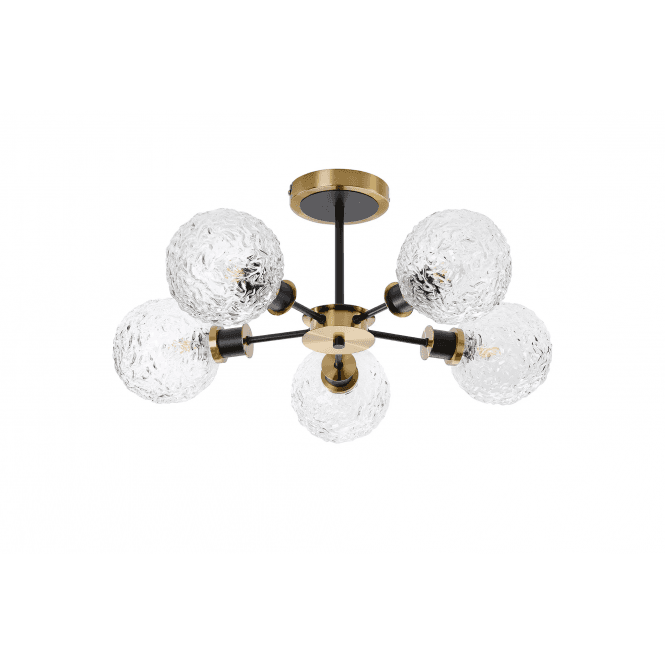 Mingle 5 Light IP44 Semi-Flush Brass & Satin Black with Textured Crumple Clear Glass Shades