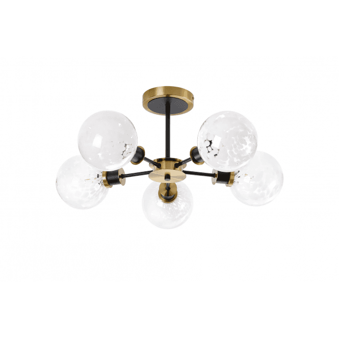 Mingle 5 Light IP44 Semi-Flush in Brass and Satin Black with White Confetti Glass Shades