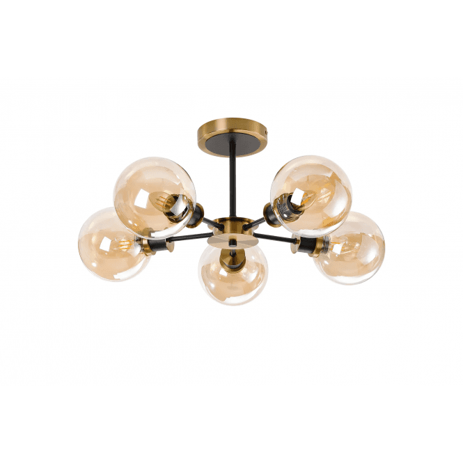 Mingle 5 Light IP44 Semi-Flush in Brass & Satin Black with Amber Plated Glass Shades