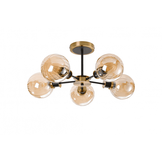 Mingle 5 Light IP44 Semi-Flush in Brass & Satin Black with Amber Plated Segment Glass Shades