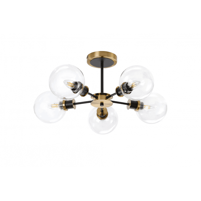 Mingle 5 Light IP44 Semi-Flush in Brass & Satin Black with Clear Glass Shades