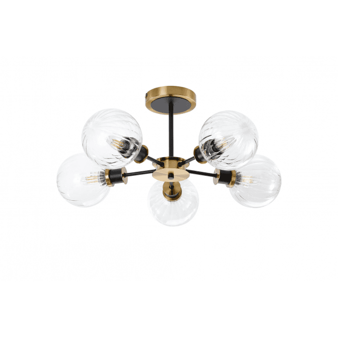 Mingle 5 Light IP44 Semi-Flush in Brass & Satin Black with Clear Segment Glass Shades