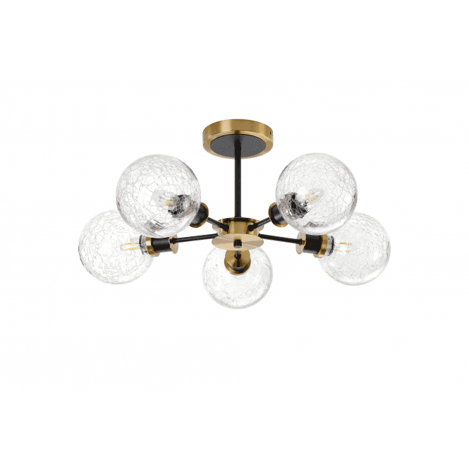 Mingle 5 Light IP44 Semi-Flush in Brass & Satin Black with Crackled Clear Glass Shades